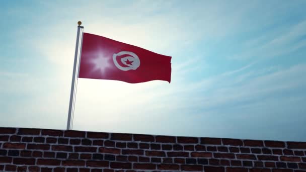 Tunisien Bakgrundsbelyst Flagga Viftande Över Väggen Tunisisk Baner Som Flyger — Stockvideo