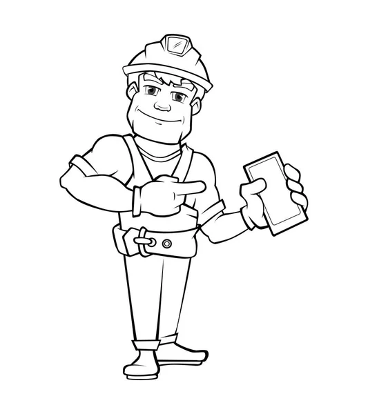 Handyman, constructor de casco apuntando al smartphone . — Archivo Imágenes Vectoriales