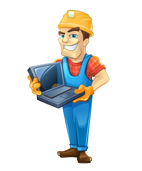 Builder with laptop, helmet. Isolated on white background. — Stock Vector