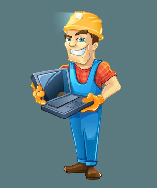 Builder with laptop, helmet. Isolated on dark background. — Stock Vector