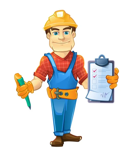 Builder in helmet standing and holding order paper — Stock Vector