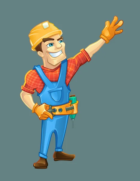 Handyman, construtor em capacete apontando para o topo . — Vetor de Stock