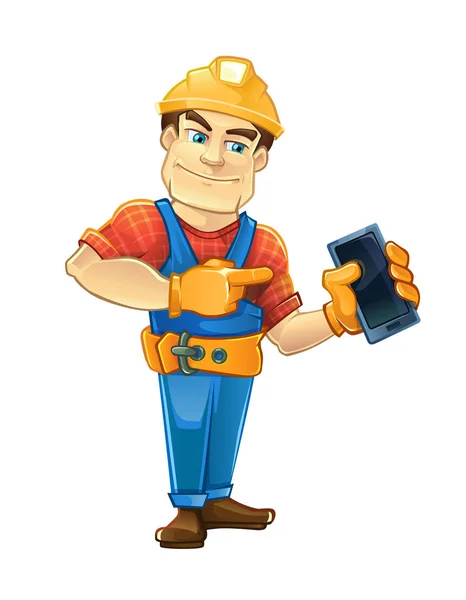Handyman, builder in helmet pointing to the smartphone. — Stock Vector