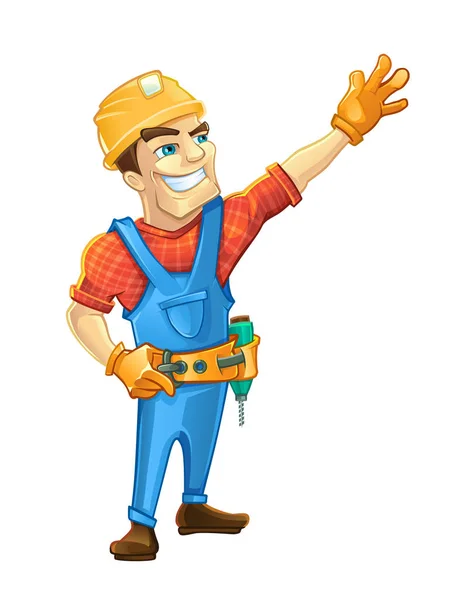 Handyman, builder in helmet pointing to the top. — Stock Vector