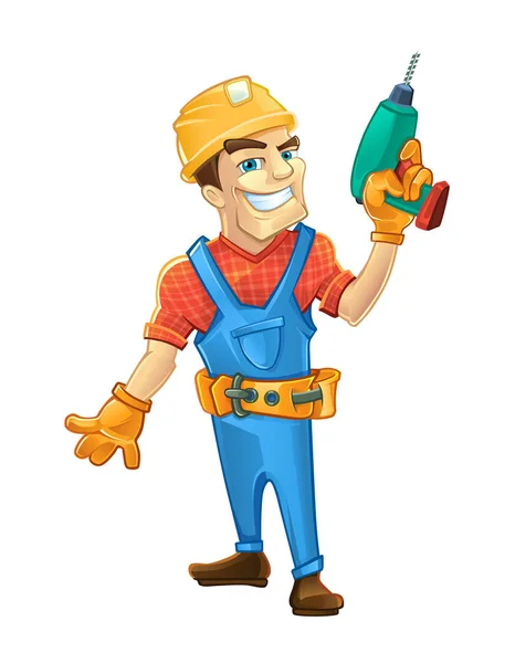 Builder man with smile face holding drill in hand — Stock Vector