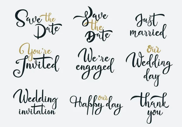 Bruiloft uitnodigingen wit handgeschreven vector belettering set — Stockvector