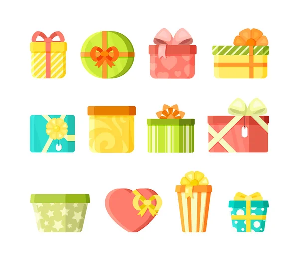 Colorful wrapped present boxes flat vector illustrations set — Stock Vector