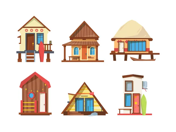 Tradicional playa casas plana vector ilustraciones conjunto — Vector de stock