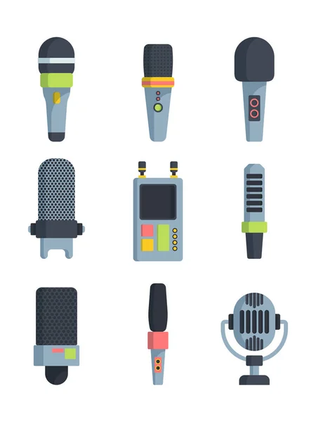 Verschiedene Mikrofone flache Vektorabbildungen setzen Vielfalt — Stockvektor