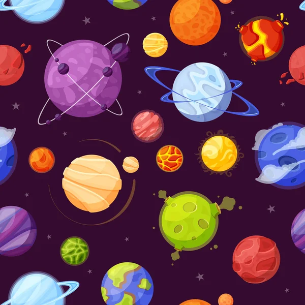 Bolygók az űrben rajzfilm lapos zökkenőmentes minta — Stock Vector