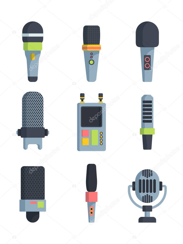 Different microphones flat vector illustrations set Variety