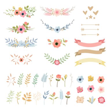 Wedding flowers decoration colorful vector illustrations set vector