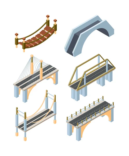 Diferentes tipos de pontes isométricas 3D conjunto de ilustrações vetoriais — Vetor de Stock