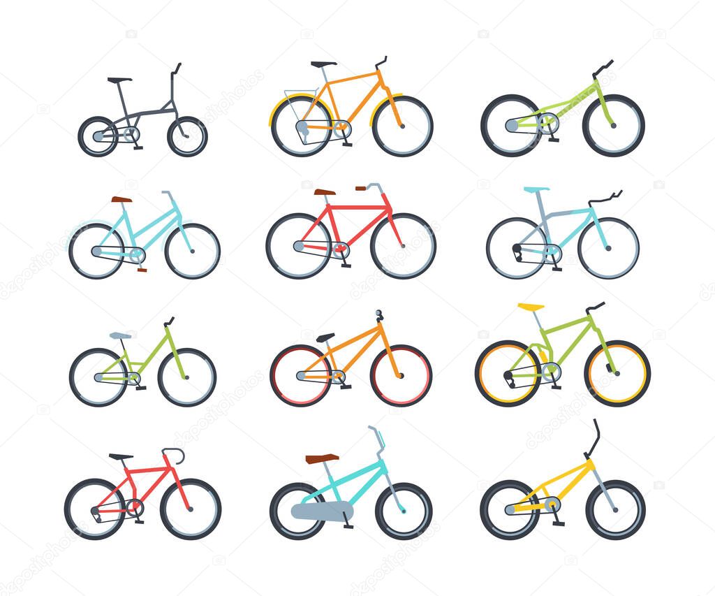 Modern colorful bicycles flat vector illustrations set