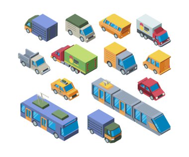 Kentsel taşıma izometrik 3d vektör çizimleri ayarlandı