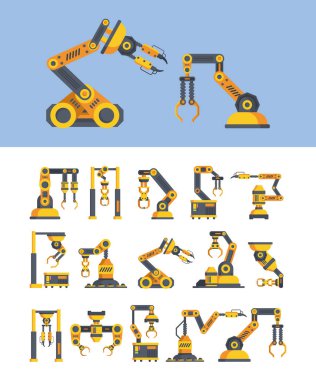 Sarı robotik kollar düz vektör çizimleri ayarlandı