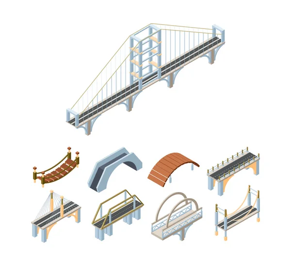 Pontes de madeira e concreto isométrico 3D conjunto de ilustrações vetoriais — Vetor de Stock