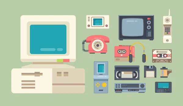 Gadgets de la vieja escuela plana vector ilustraciones conjunto — Vector de stock