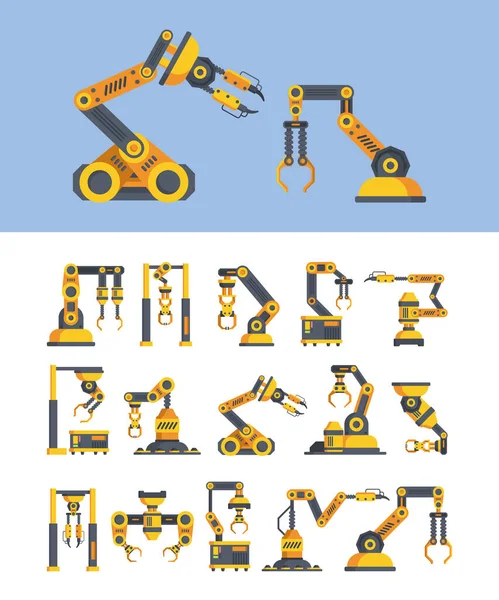 Κίτρινα ρομποτικά χέρια επίπεδη διανυσματική εικονογράφηση σύνολο — Διανυσματικό Αρχείο