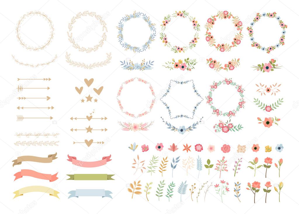 Wedding flowers elegant decoration colorful vector illustrations set