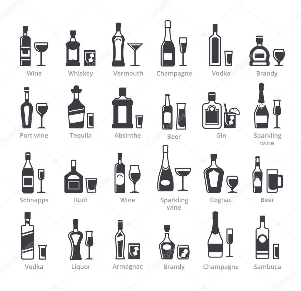 Alcohol bottles black glyph vector icons collection. Different alcoholic drinks with names set. Gin, vodka, brandy, absinthe beverages. Bar liquors, booze silhouette illustrations isolated on white