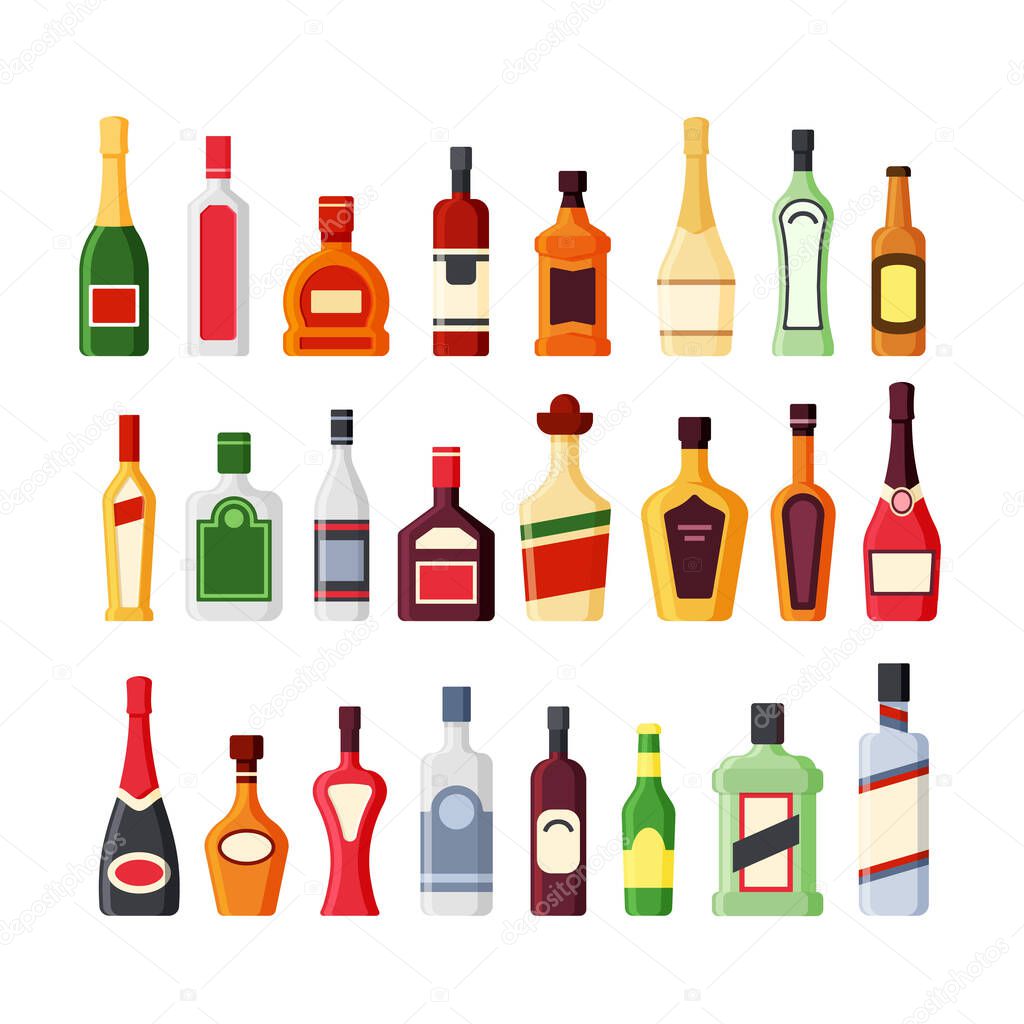 Different alcohol glass bottles flat vector icons color set. Bar beverages, booze collection. Wine, whiskey, rum, vodka, cognac, tequila drinks. Liquors cartoon illustrations isolated on white