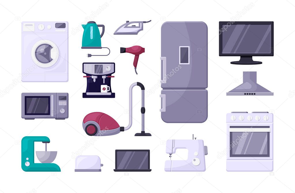 Household appliance color flat vector illustrations set