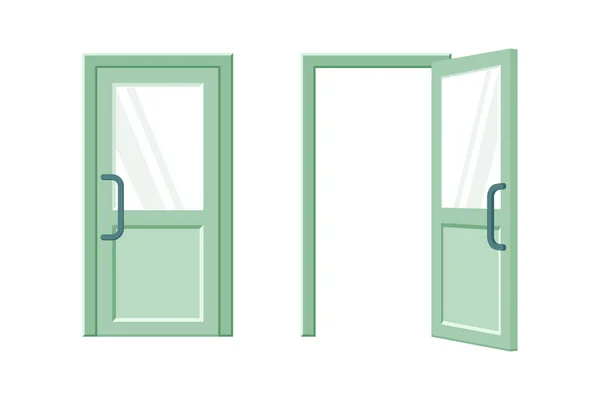 Öppen och stängd grön dörr platt vektor illustration — Stock vektor