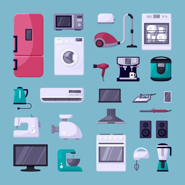 Eletrodomésticos cor plana conjunto de ilustrações vetoriais —  Vetores de Stock