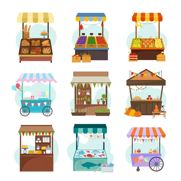 Mercados locales con diferentes ilustraciones planas de alimentos — Vector de stock