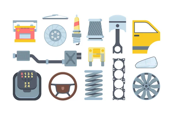 Pièces détachées automobiles mécaniques set d'illustrations plates — Image vectorielle