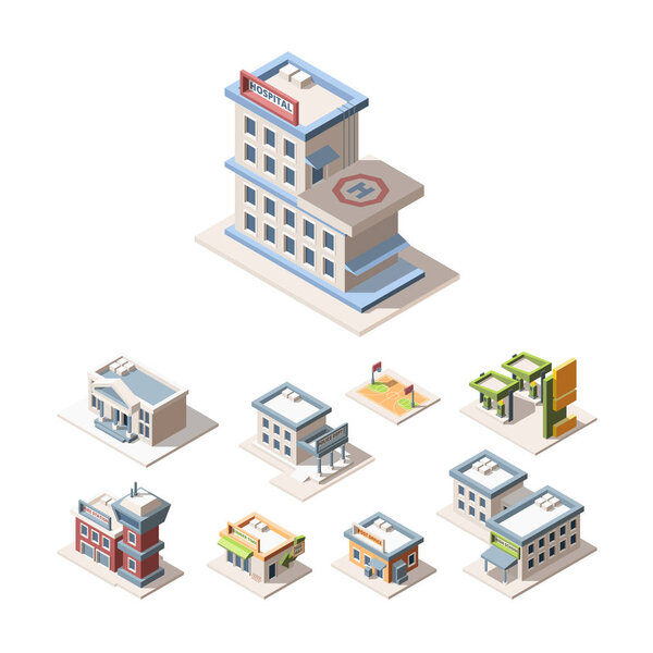 Modern city architecture isometric 3D vector illustrations set