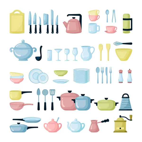 Set di piatti e bicchieri da cucina illustrazioni piatte — Vettoriale Stock