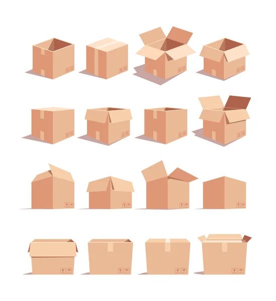 Empty carton boxes isometric 3D vector illustrations set — Stock Vector