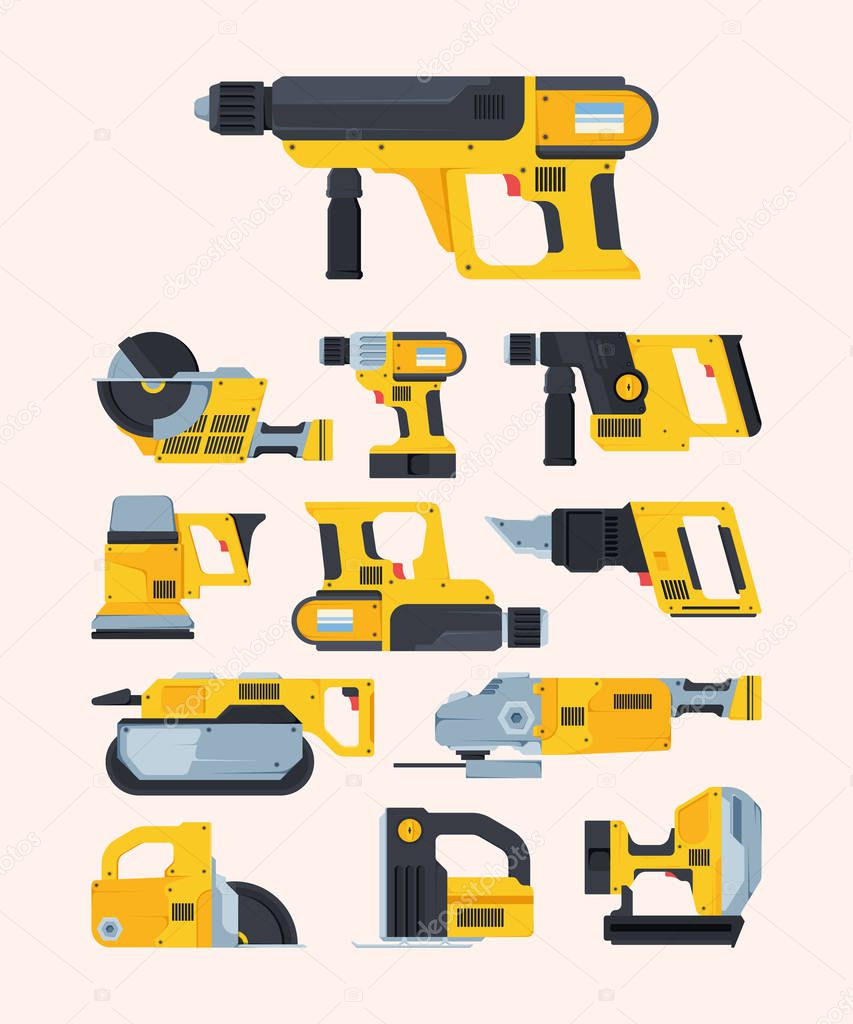 Modern renovation power tools flat illustrations set