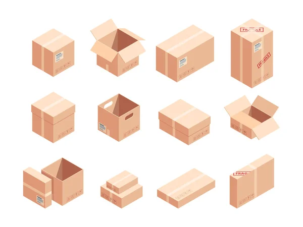 Fragile parcels isometric 3D vector illustrations set — Stock Vector