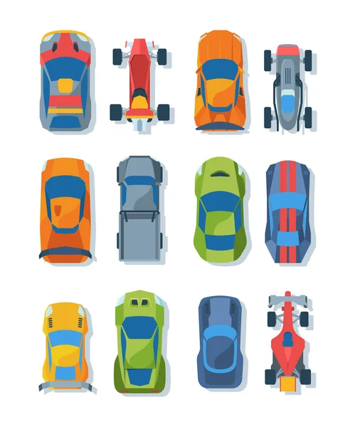 Race auto 's bovenaanzicht platte illustraties set — Stockvector