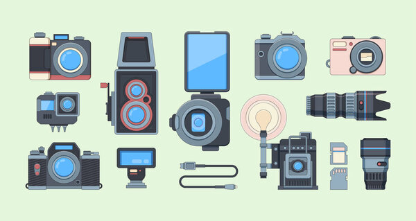 Retro and modern cameras flat illustrations set