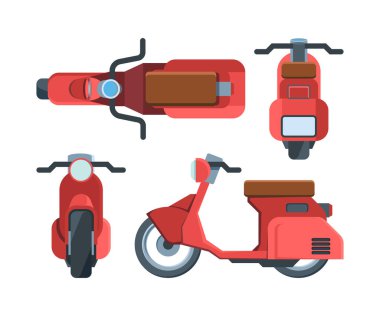 Modern red scooter bike flat illustrations set clipart