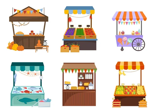 Mercados locales con ilustraciones planas de productos alimenticios — Vector de stock