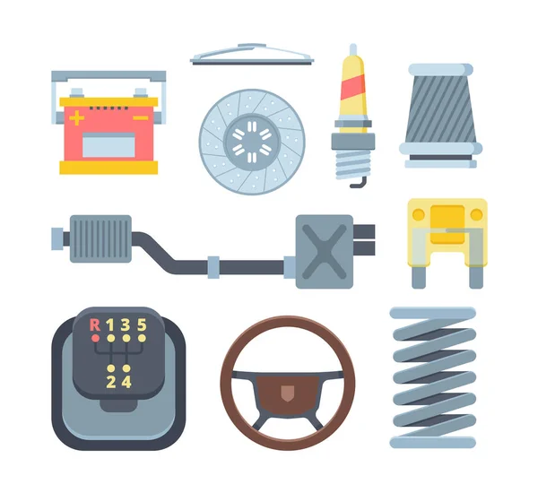 Verschiedene mechanische Autoteile flache Illustrationen gesetzt — Stockvektor