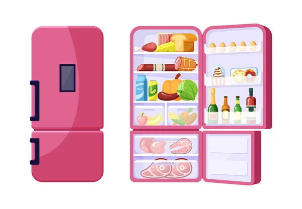 食品フラットベクトルイラストの品揃えで閉じたオープン冷蔵庫 — ストックベクタ
