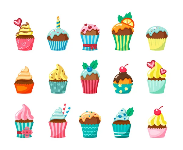 Cupcakes con glaseado en cartones set de ilustración vectorial plano — Archivo Imágenes Vectoriales