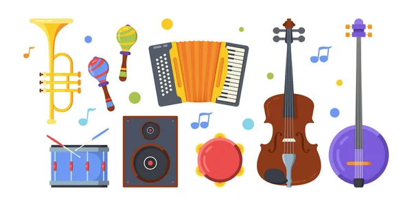 Diferentes instrumentos musicales populares set ilustraciones planas — Vector de stock