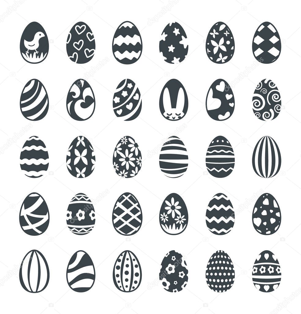 Decorated black Easter eggs vector icon set. Pascha traditional eggs with ornament. Christian religious holiday symbols. Resurrection Sunday festive design elements isolated on white background