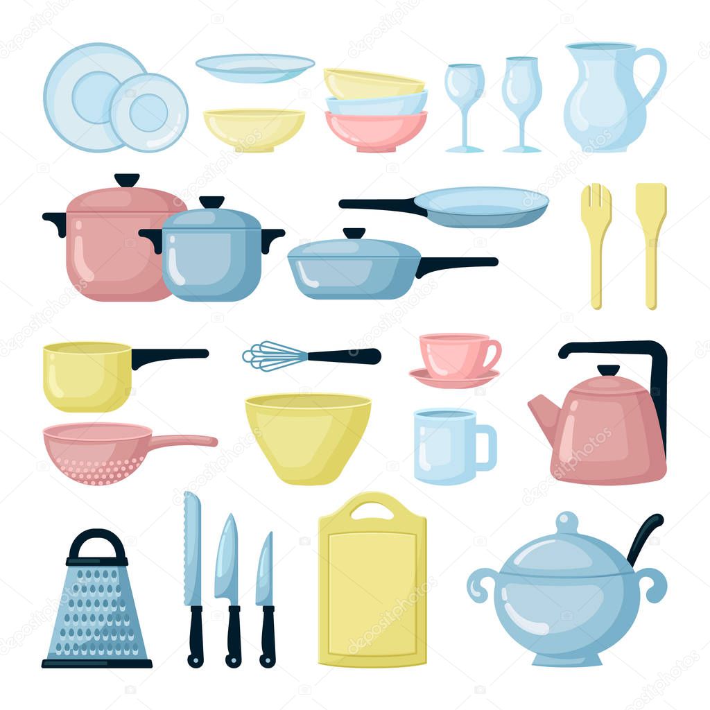 Colorful pots and pans flat illustrations set