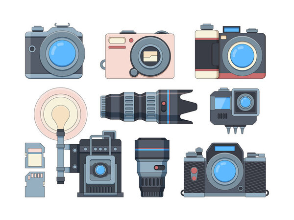Cameras and memory cards flat illustrations set