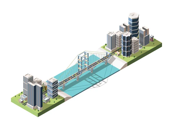 Podul care leagă două părți ale orașului ilustrație vectorială izometrică — Vector de stoc