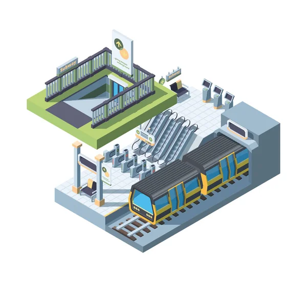 Modern stad tunnelbana ingång detaljerad isometrisk vektor illustration — Stock vektor