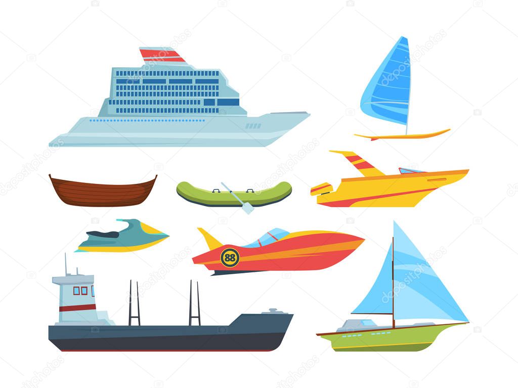 Modern and old water transport flat illustrations set